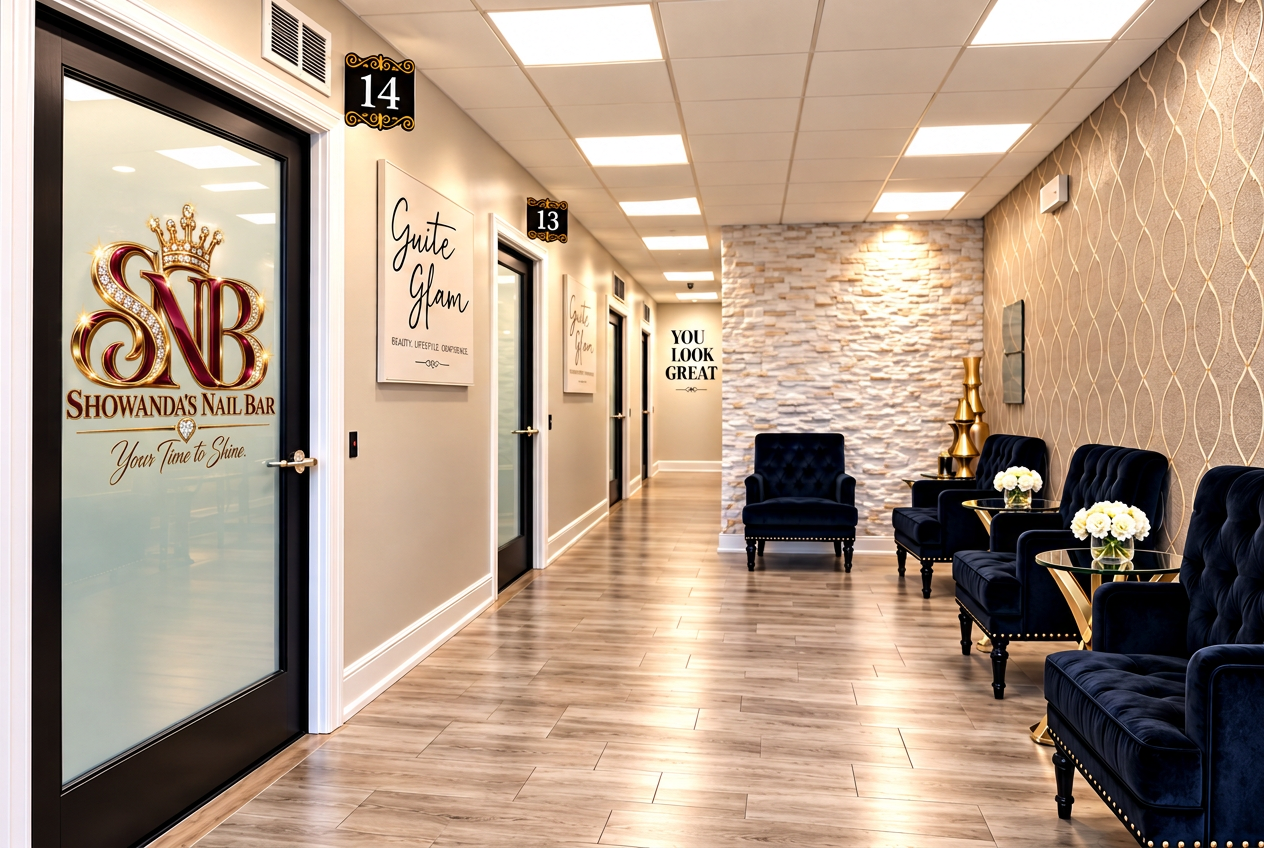 The branded glass entrance door to Showanda’s Nail Bar at Suite 14
